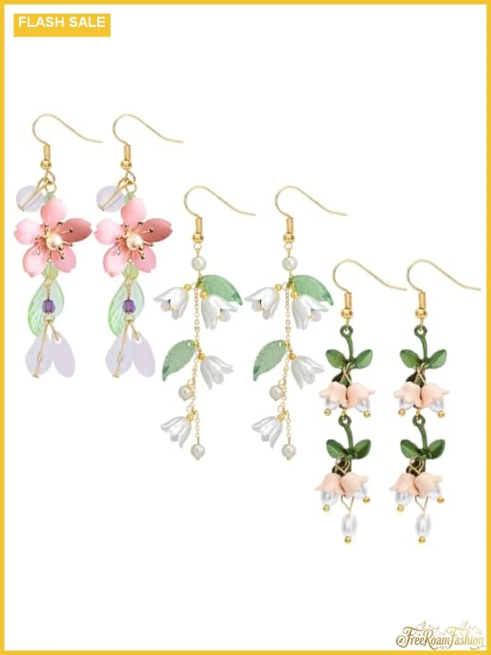 3 Pairs Flower Dangle Earrings Hypoallergenic 316L Stainless Steel Acrylic